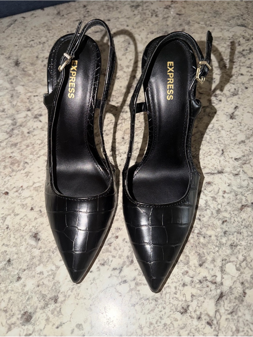 Express Black Croc-Embossed Pointed Slingback Heels